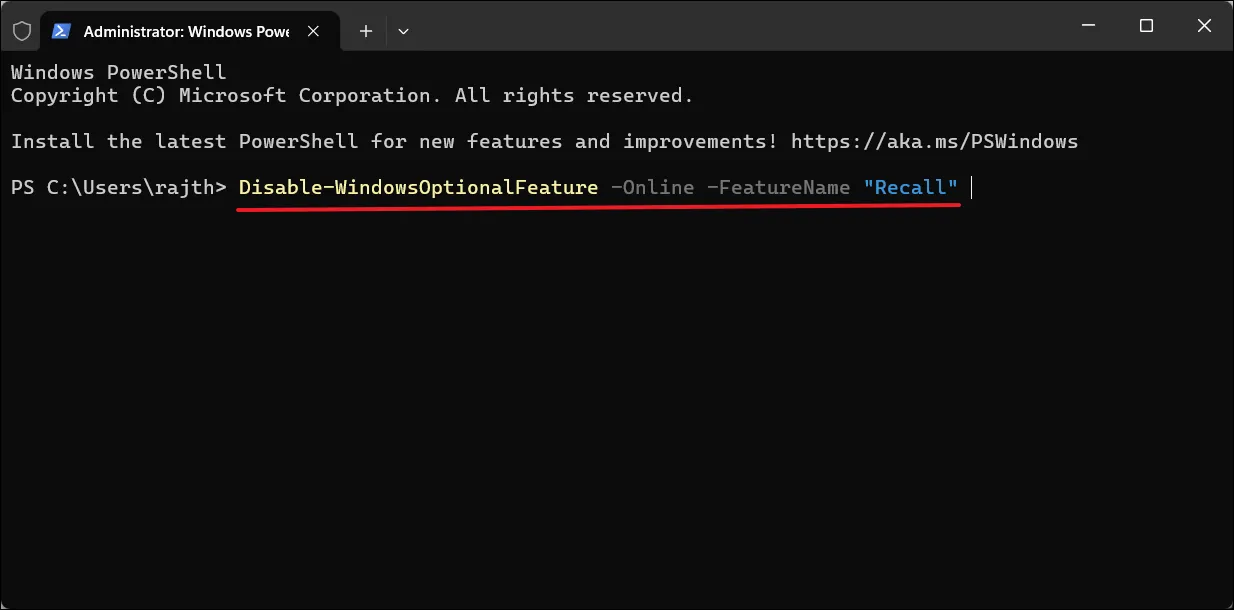 Удалить команду Recall для PowerShell