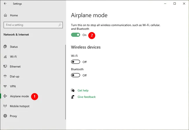 Включение и выключение режима «В самолете» в настройках Windows 10