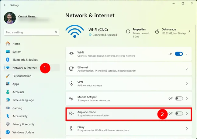 Включение и выключение режима «В самолете» в параметрах Windows 11