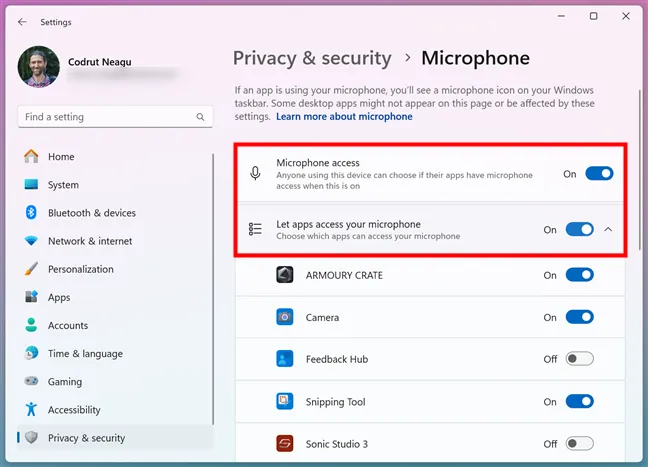 Позвольте каждому выбирать, какие приложения могут использовать микрофон в Windows 11