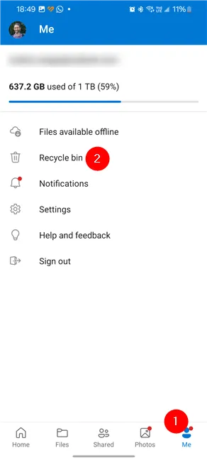 Расположение корзины OneDrive в Android