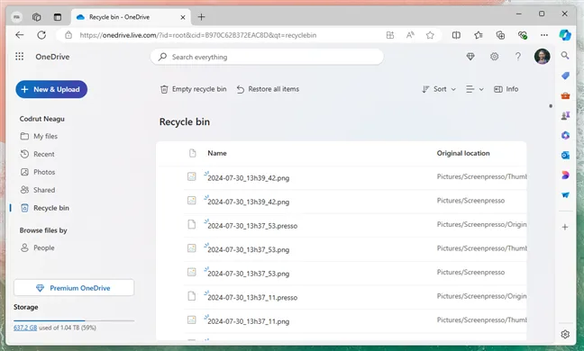 Папка «Корзина» OneDrive