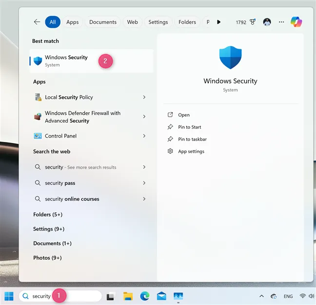 Доступ к безопасности Windows через поиск в Windows 11
