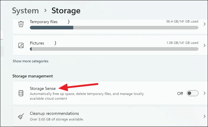 Параметр Storage Sense в настройках хранилища