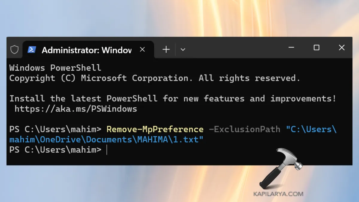 Удалить исключение файла из Защитника Windows с помощью PowerShell