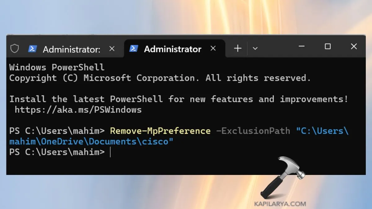 Удалить исключение папки из Защитника Windows с помощью PowerShell