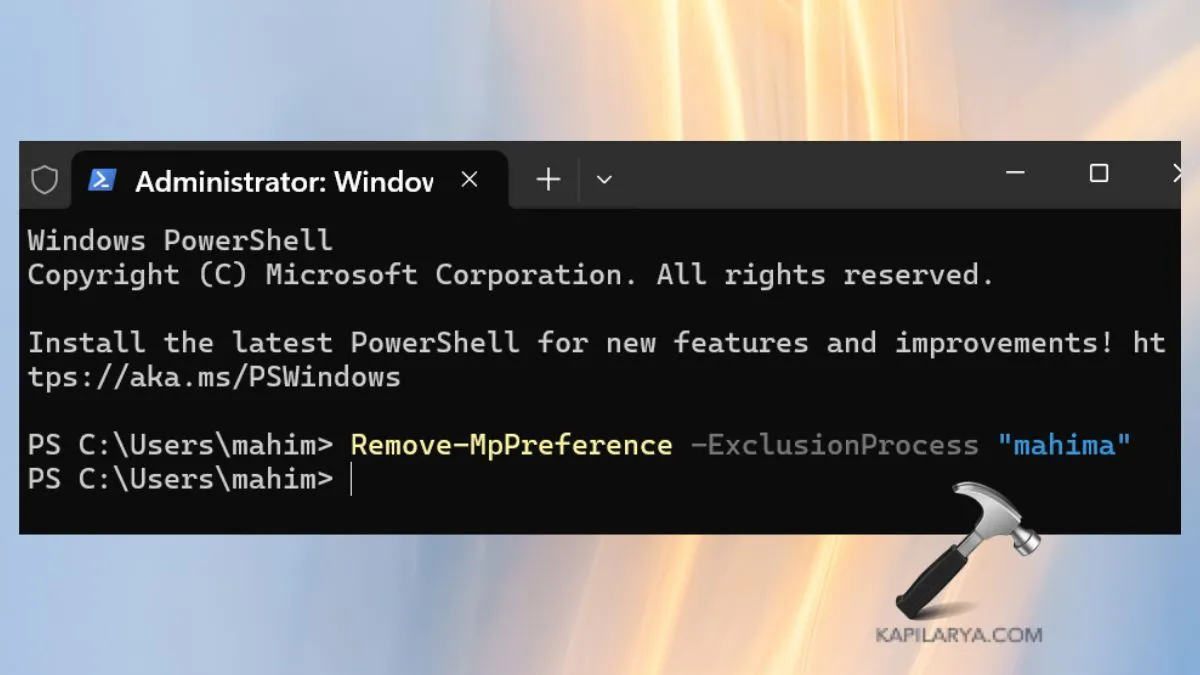 Удалить исключение процесса из Защитника Windows с помощью PowerShell