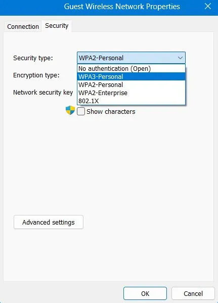 Изменение типа шифрования сети Wi-Fi с WPA2 на WPA3. с помощью свойств сети.