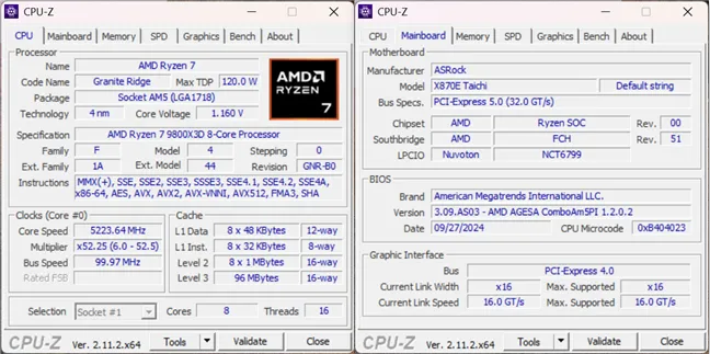 Характеристики AMD Ryzen 7 9800X3D в CPU-Z