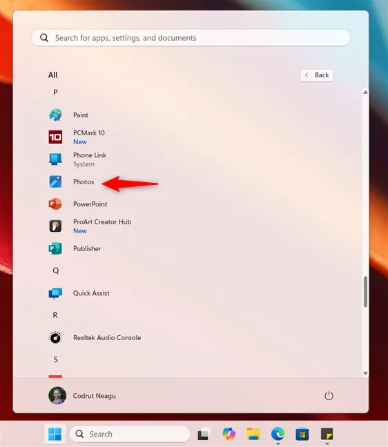 Ярлык «Фотографии» из списка «Все» в меню «Пуск» в Windows 11