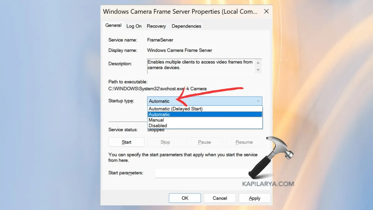 тип запуска автоматический для Windows Camera Frame Server