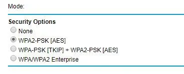 Различные варианты безопасности в сети Wi-Fi-роутера, включая WPA-2, который является самым надежным в данном примере.