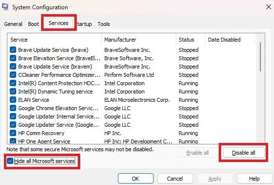 Отключение ненужных служб в msconfig.