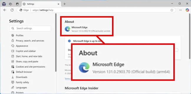 Проверьте версию Microsoft Edge