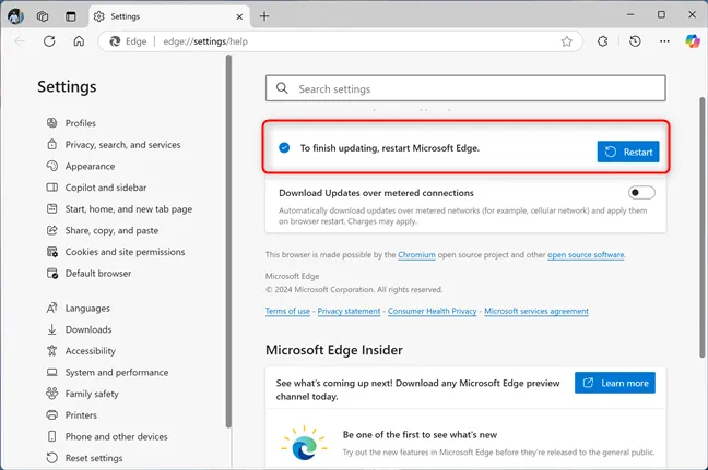 Перезапустите, чтобы обновить Microsoft Edge до последней версии.