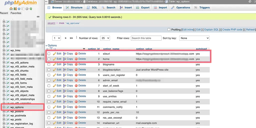 Проверка строк siteurl и home в phpMyAdmin