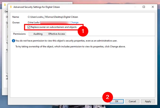 Выберите «Заменить владельца подконтейнеров и объектов» и нажмите «ОК».