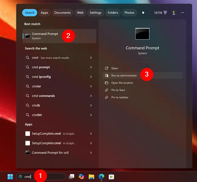 Откройте CMD как администратор в Windows 11