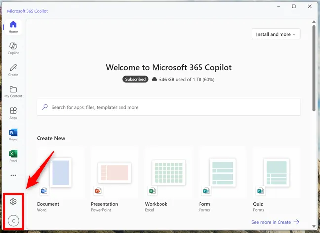 Кнопка Настройки и учетная запись в Microsoft 365 Copilot