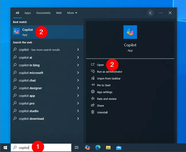 Откройте Copilot с помощью поиска в Windows 10