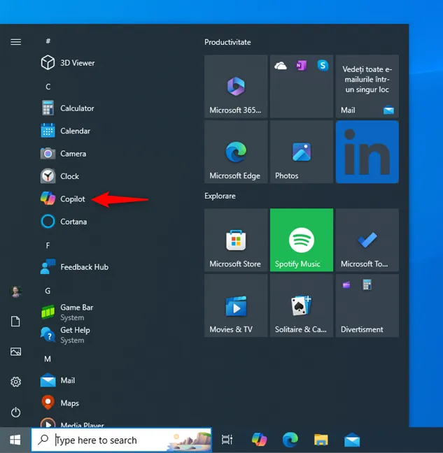 Нажмите Copilot в списке меню "Пуск" в Windows 10