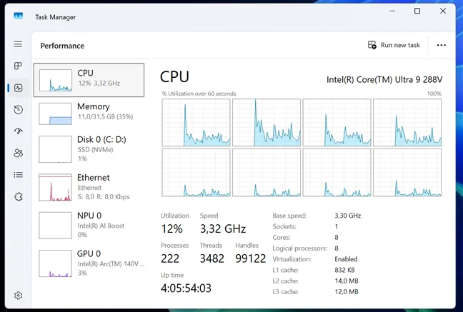 Образец устройства работает на процессоре Intel Core Ultra 9 288V.