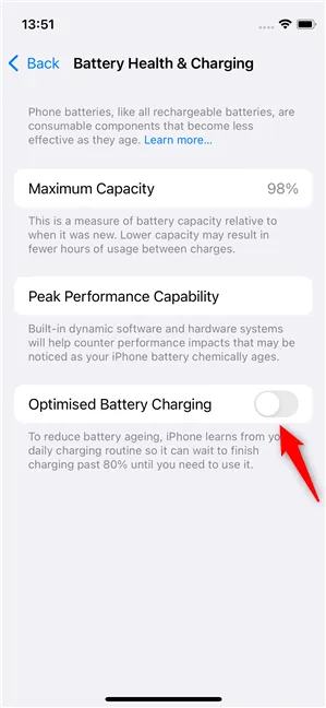 Оптимизированная зарядка аккумулятора была отключена на этом iPhone