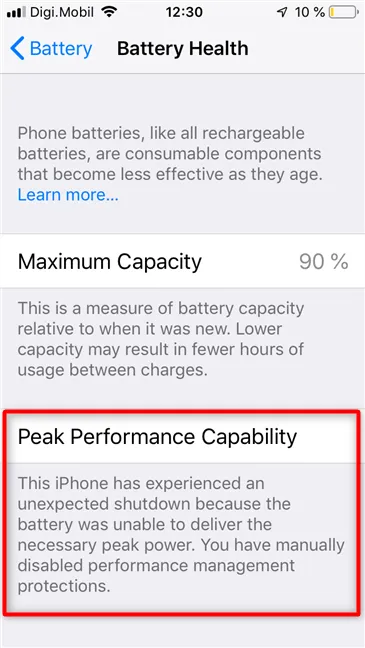 Функция Peak Performance Capability была отключена на iPhone