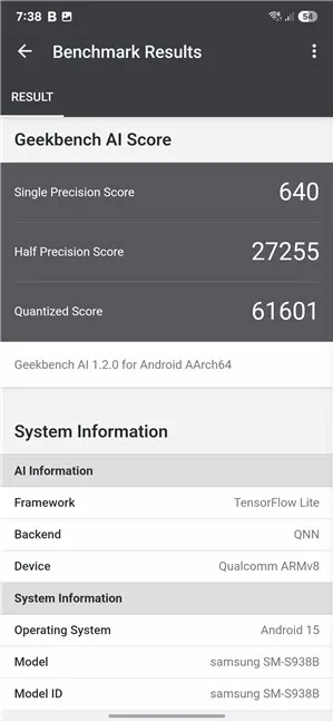 Результаты тестов в Geekbench AI