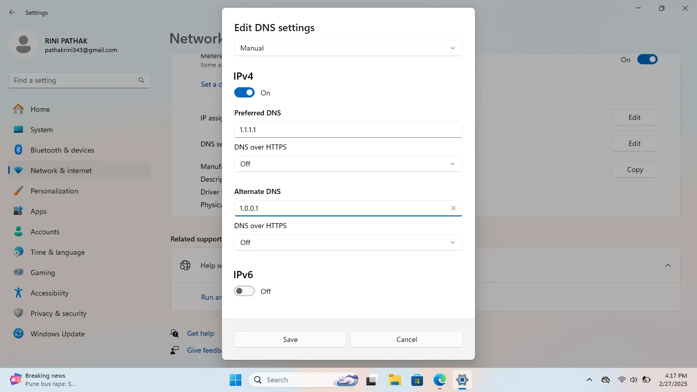 Окно настроек DNS, в котором показаны параметры редактирования IPv4 для настройки