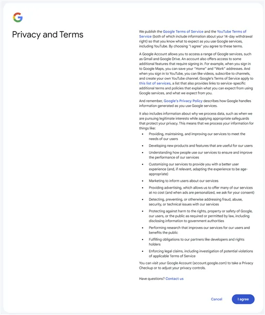 Ознакомьтесь и примите условия и положения конфиденциальности Google.