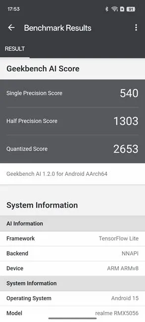 Realme 14 Pro показал результаты в Geekbench AI