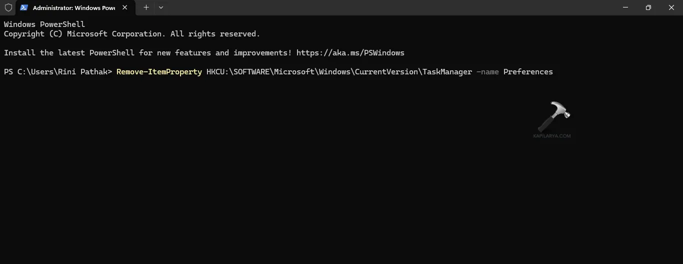 Запуск PowerShell для сброса диспетчера задач к настройкам по умолчанию