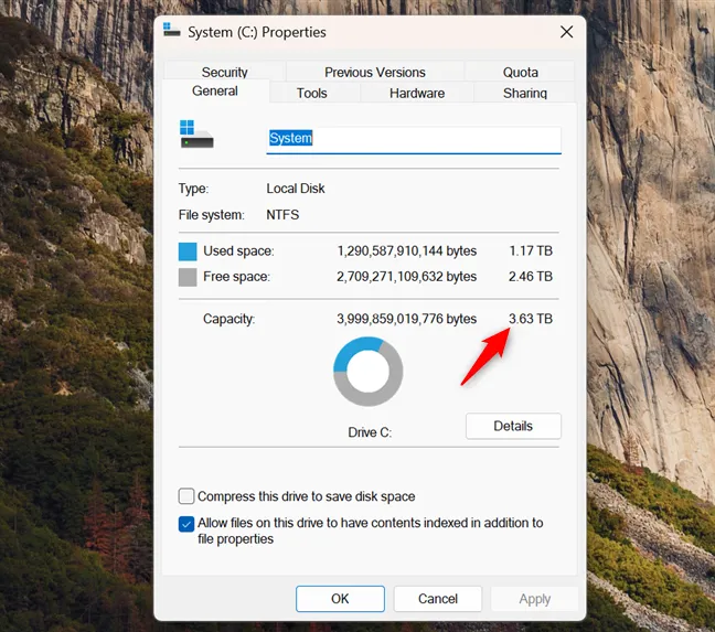 В Windows 11 вы получаете около 3,63 ТБ памяти.