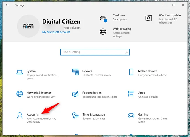 Категория Учетных записей в настройках Windows 10
