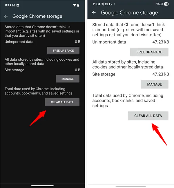 Параметры очистки хранилища Google Chrome