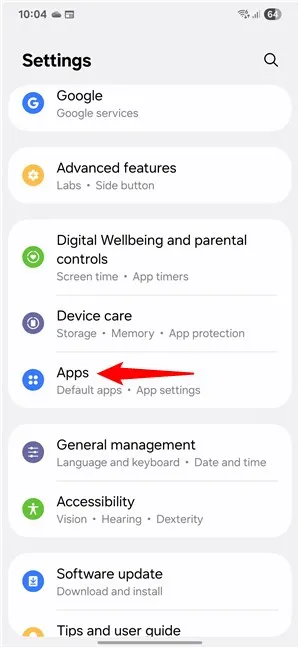 На Samsung Galaxy откройте «Настройки» и перейдите в «Приложения».
