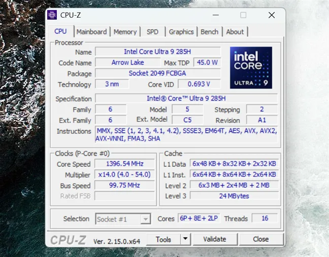 Характеристики процессора Intel Core Ultra 9 285H