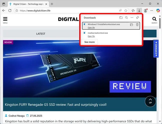 Нажмите Ctrl+J, чтобы открыть всплывающее окно с последними загрузками Edge.