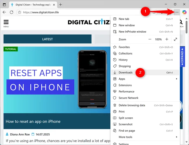 Доступ к загрузкам из меню настроек и прочего браузера Edge