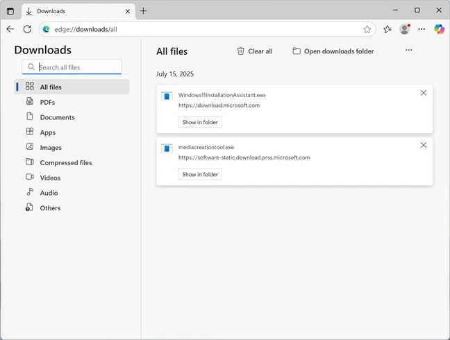 Вкладка «Загрузки» в Microsoft Edge