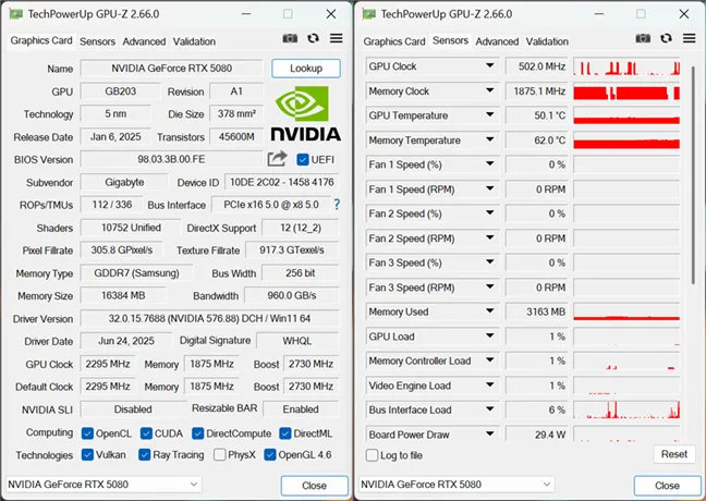 Технические характеристики GIGABYTE GeForce RTX 5080 GAMING OC 16G