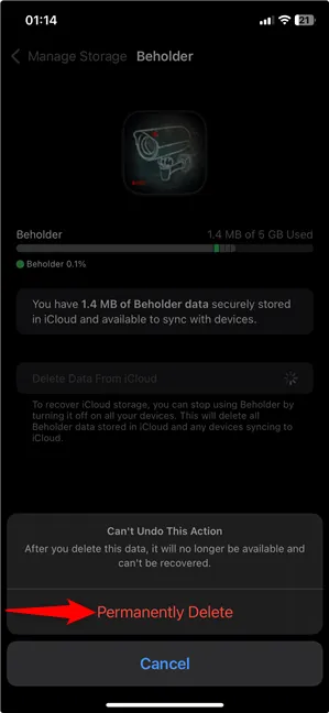 Нажмите «Удалить навсегда», чтобы удалить данные приложения из iCloud.