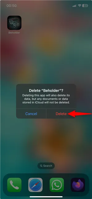 Подтвердите удаление приложения и данных, которые оно хранит на вашем iPhone.