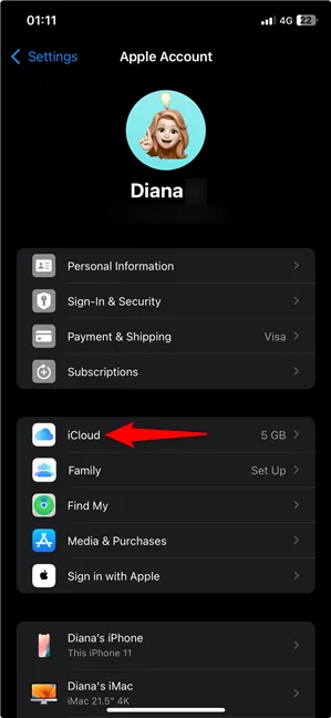 Нажмите iCloud
