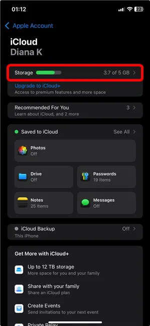 Доступ к хранилищу на экране iCloud