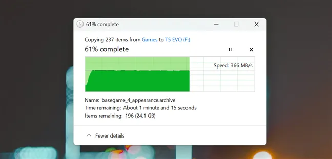 Копирование большой папки с игрой на Samsung T5 Evo