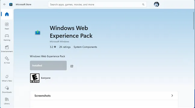 Отключение пакета Windows Web Experience Pack не удаляет виджеты.
