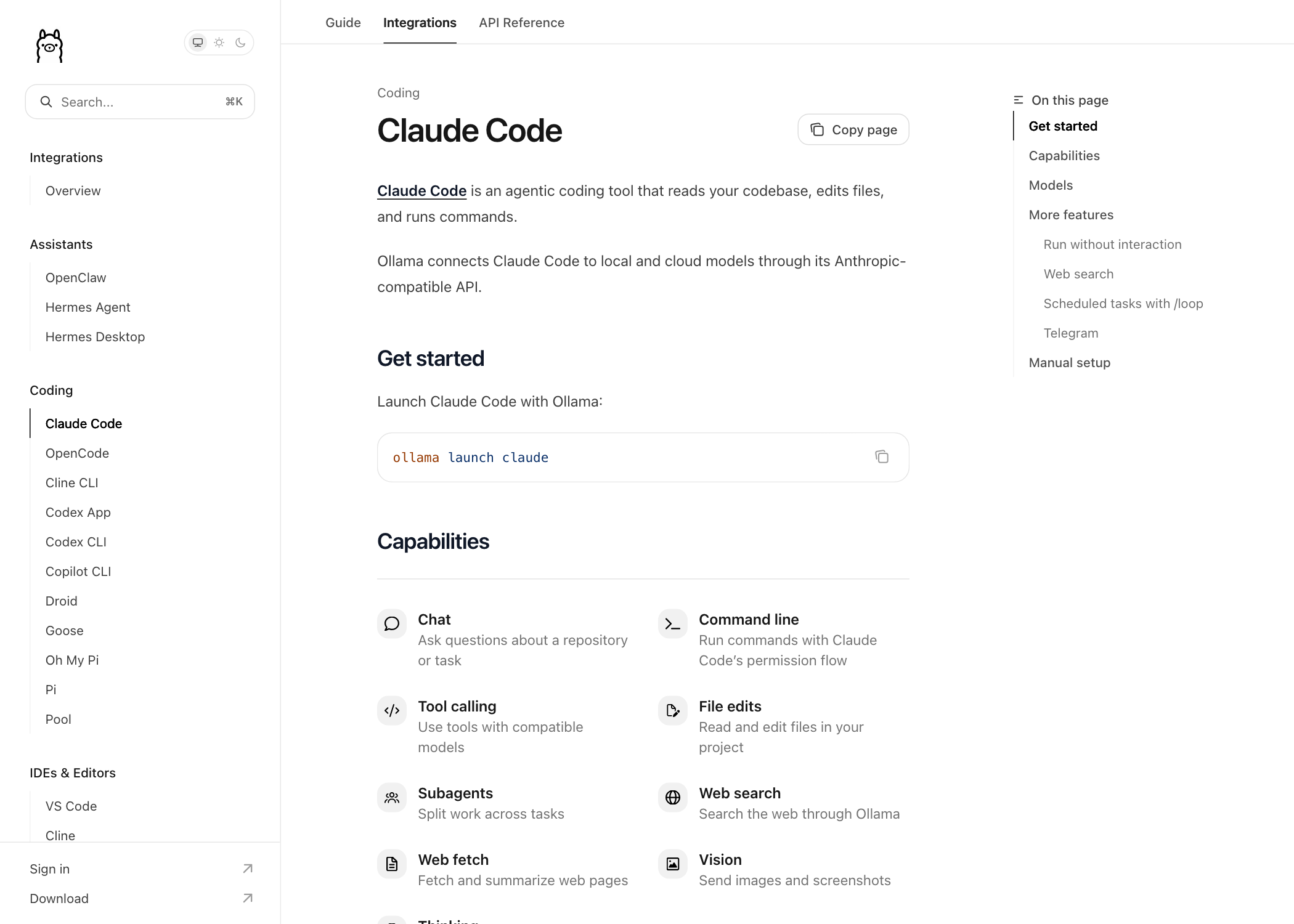 Документация Ollama по интеграции Claude Code