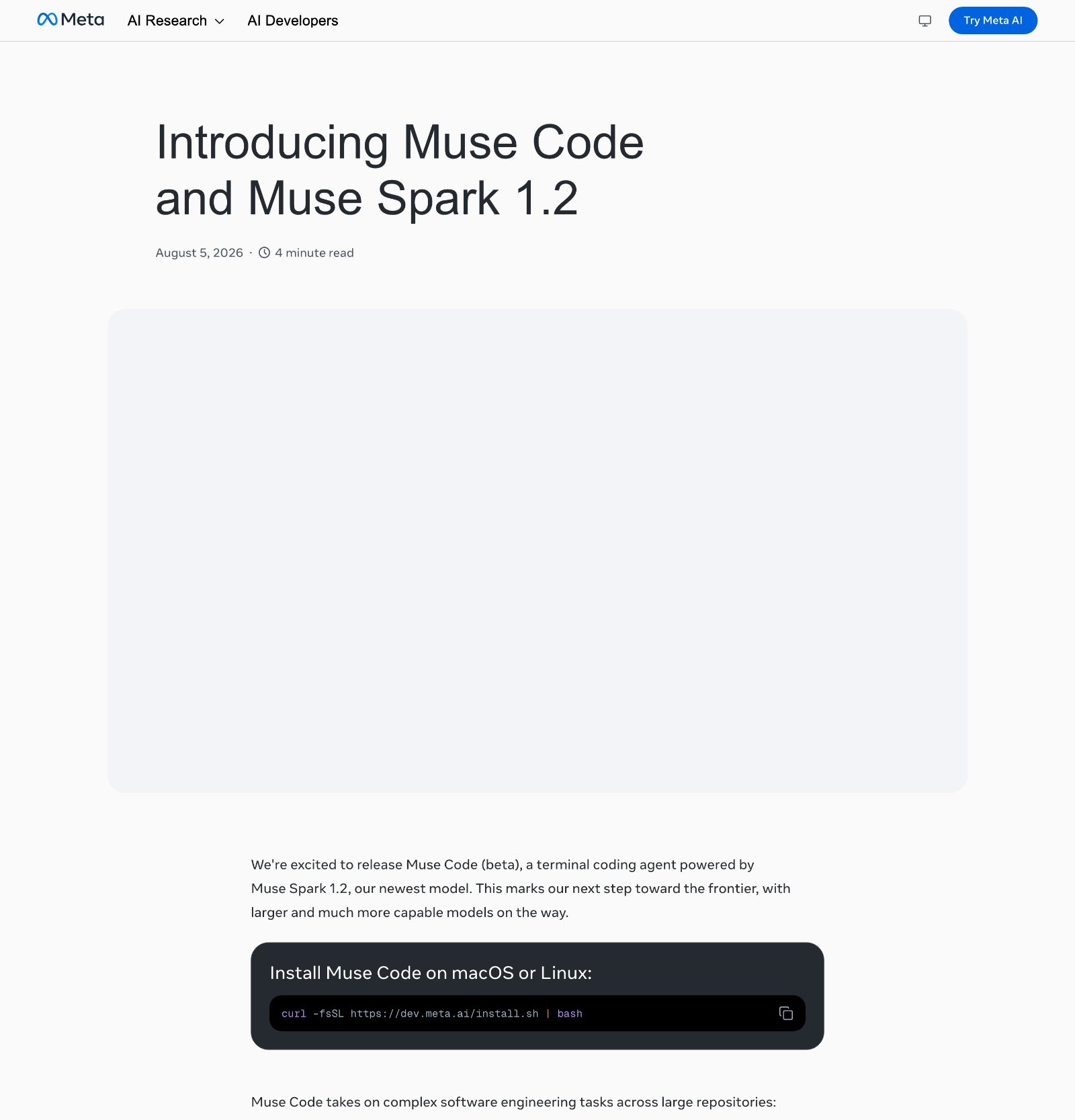 Официальный анонс Muse Code и Muse Spark 1.2: заголовок, дата 5 августа 2026, команда установки